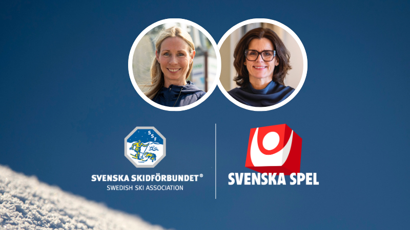Montage: Porträtt Pernilla Bonde och Anna Johnson samt logotyper för Skidförbundet och Svenska Spel på blå bakgrund.